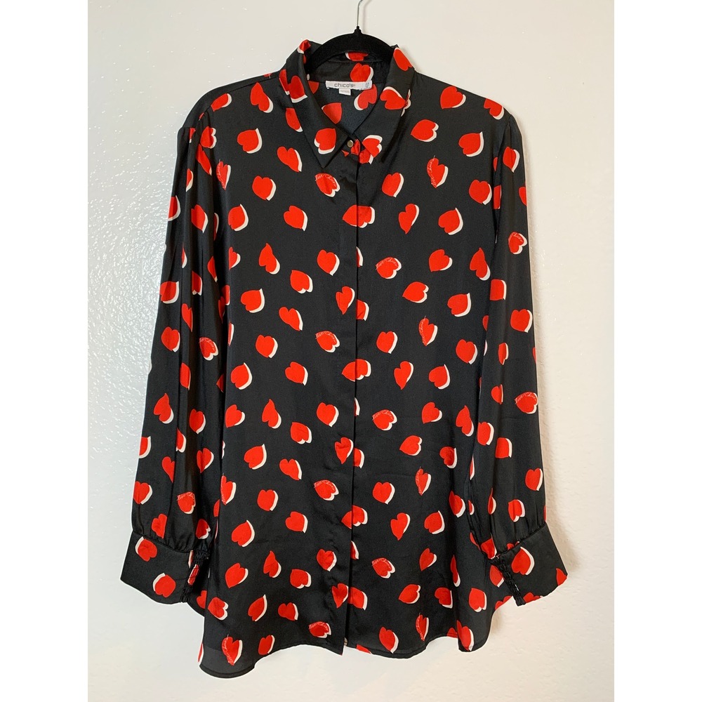 Chico's Button Down Women 2.5/14 Black Red Heart Print Love Valentine Blouse